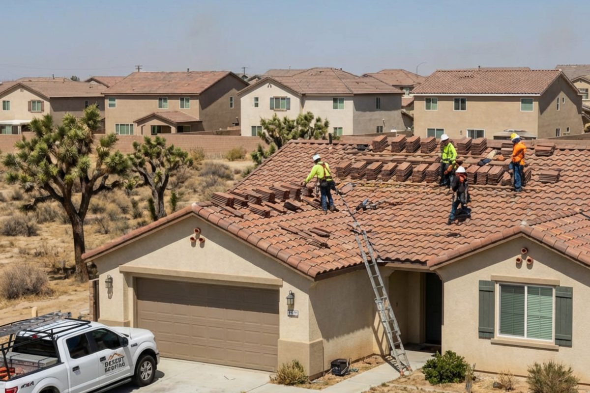 Emergency roof repair project on a home in Antelope Valley, California