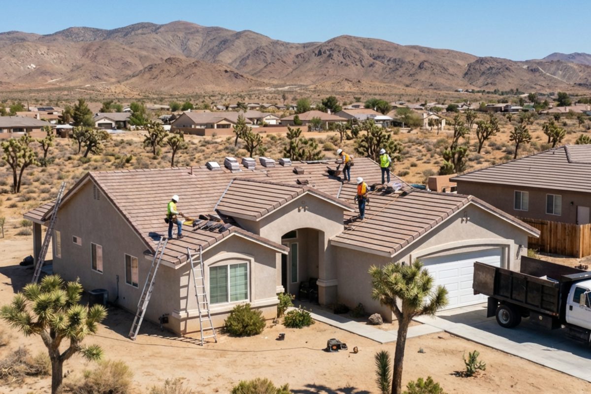 Roofing crew working on a home in Antelope Valley, California