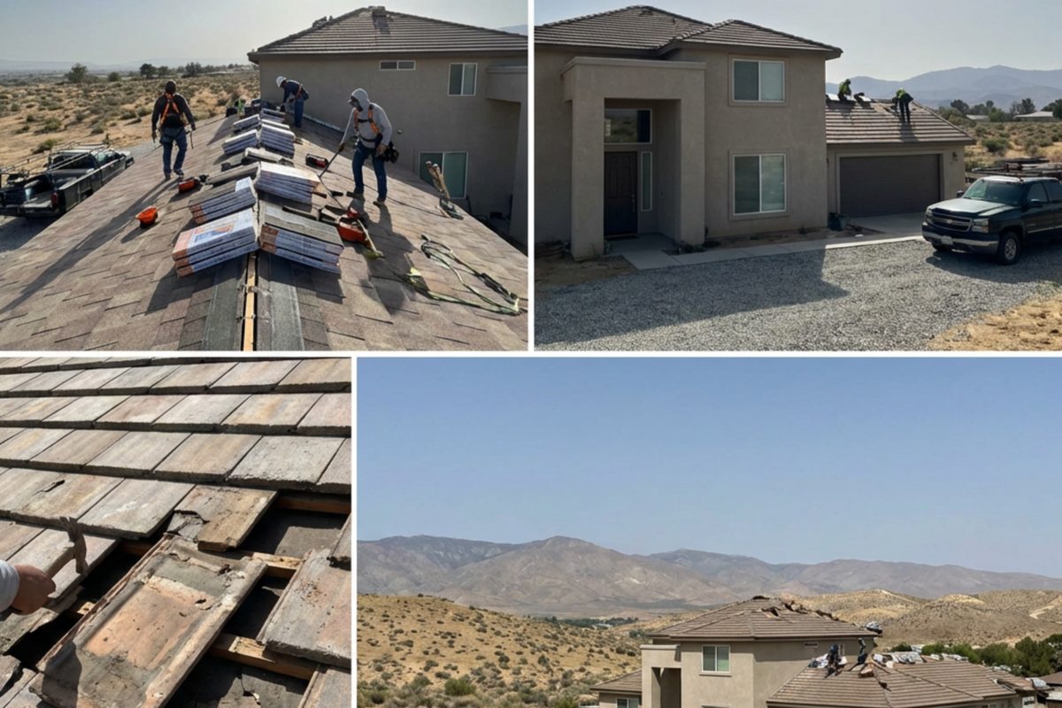 Before and after roof repair project on a tile roof in Antelope Valley, California